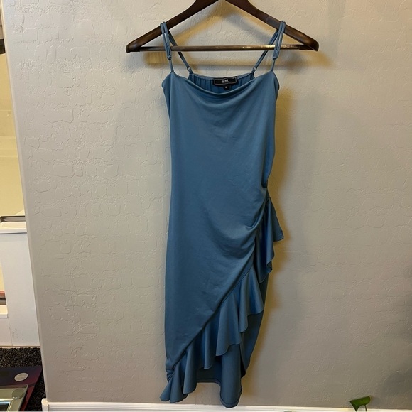 VIBE bodycon flirty dress, side slit & ruffle detail, Teal blue, stretchy, M - Picture 4 of 13